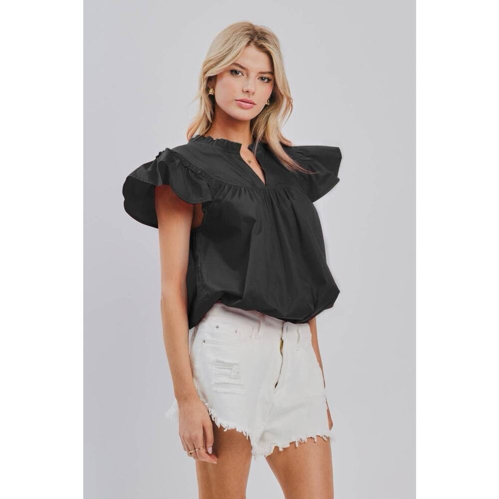 Oddi‎ Amelia Short Sleeve Flutter Poplin Blouse Black 3x New Ruffle Collar